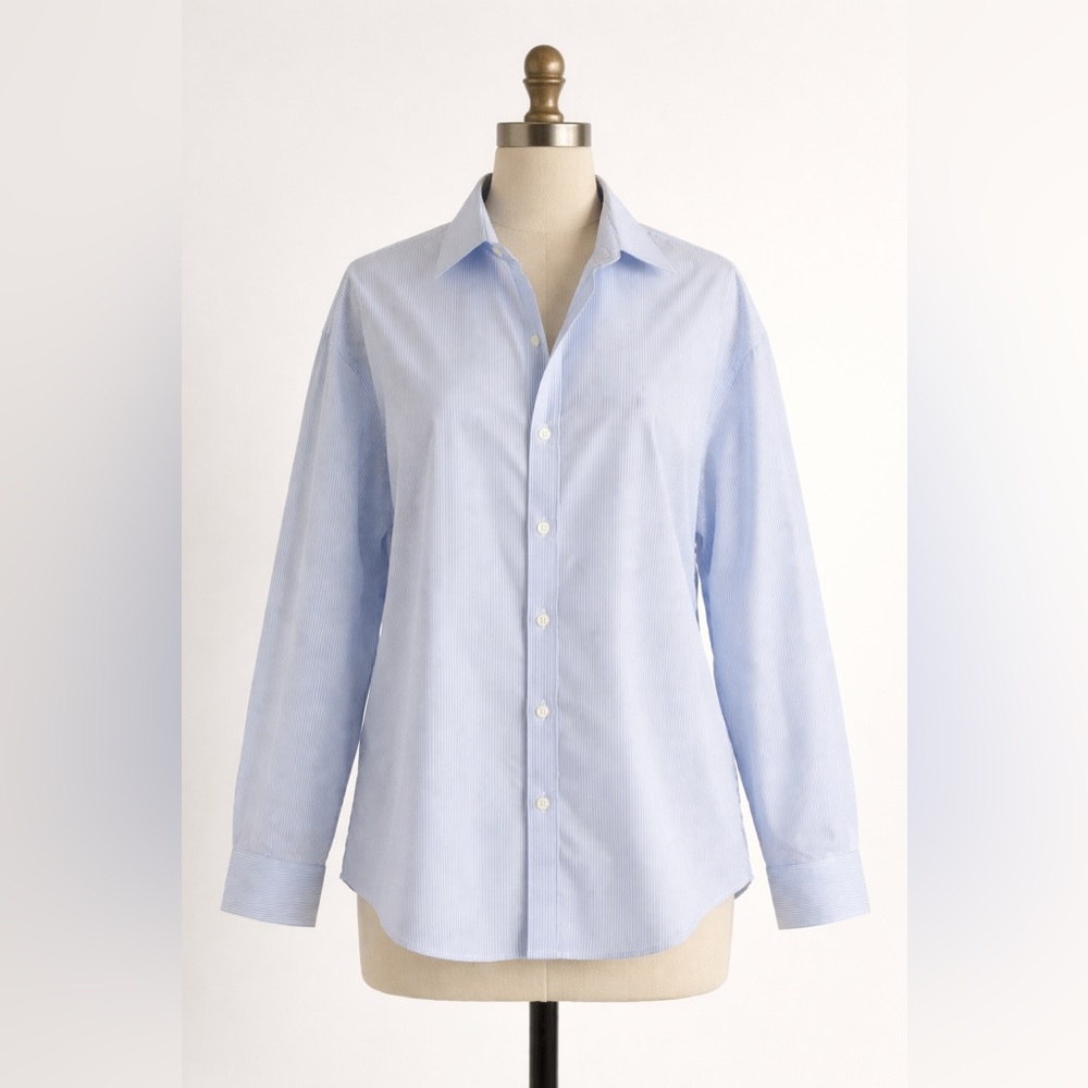 LESET Blue Stripe Button Down Shirt Sz L Cotton Made in USA Quiet Luxury Classic